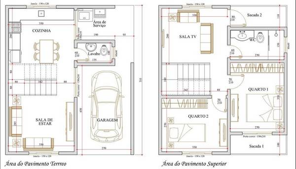 Planta de 2 pisos com garagem e dois quartos